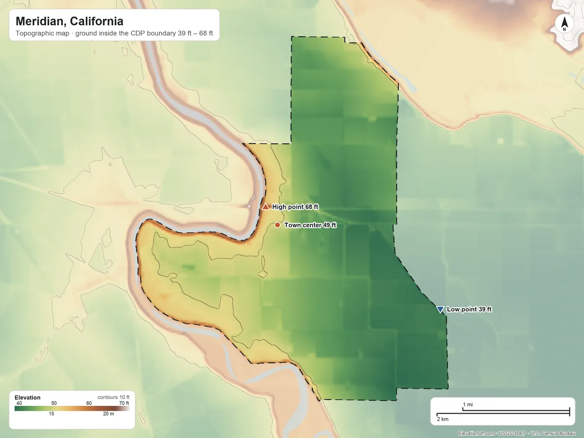 Topographic elevation map of Meridian, California, shaded from 39 ft on the southeast side to 68 ft near the middle