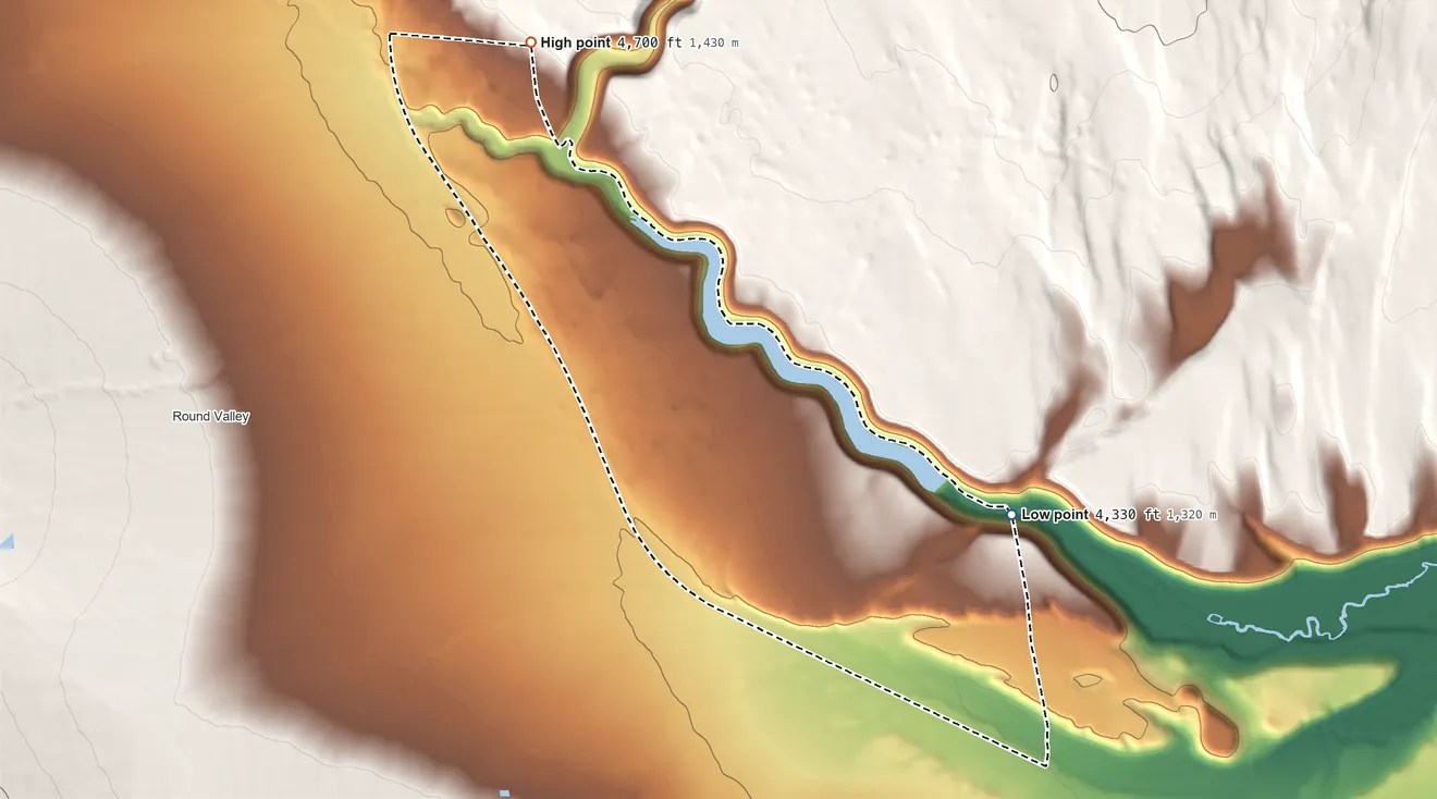 Topographic elevation map of Mesa, California, shaded from 4,330 ft on the east side to 4,700 ft at the foot of the Tungsten Hills