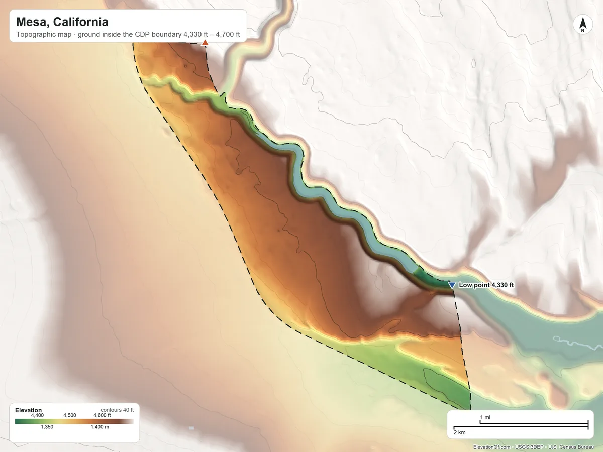 Topographic elevation map of Mesa, California, shaded from 4,330 ft on the east side to 4,700 ft at the foot of the Tungsten Hills