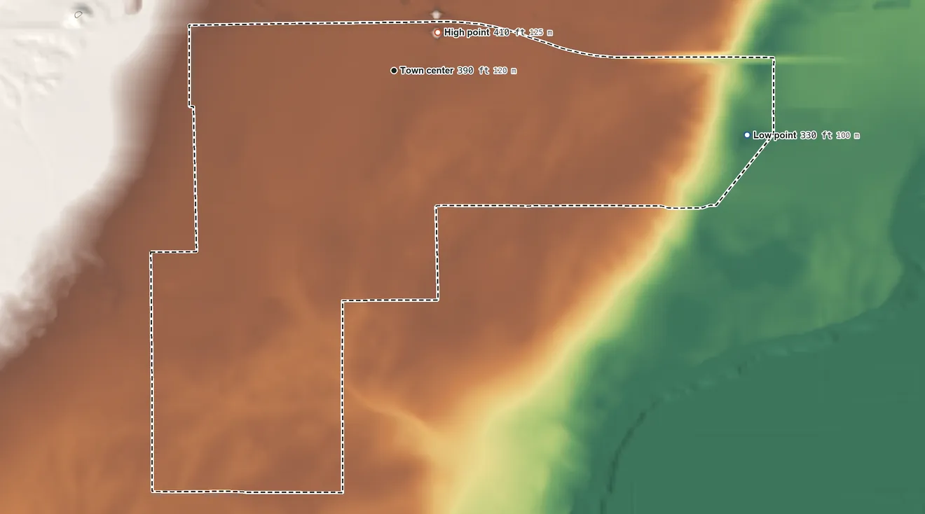 Topographic elevation map of Mesa Verde, California, shaded from 330 ft on the east side to 410 ft near the middle