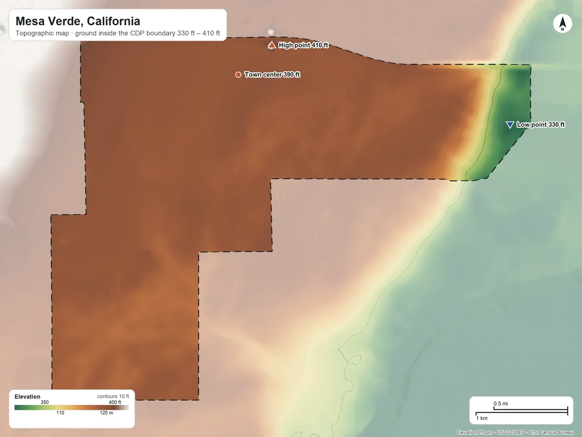 Topographic elevation map of Mesa Verde, California, shaded from 330 ft on the east side to 410 ft near the middle