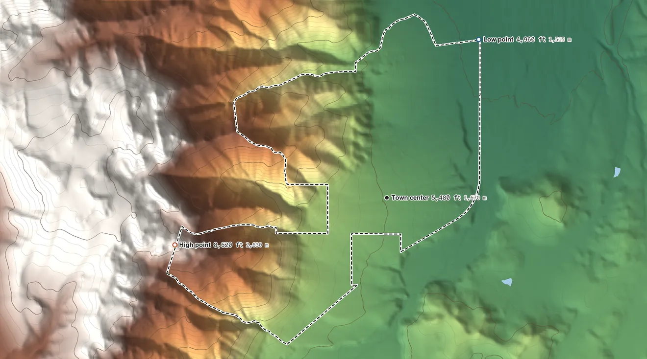 Topographic elevation map of Mesa Vista, California, shaded from 4,960 ft on the northeast side to 8,620 ft on the west edge, below higher ground just outside