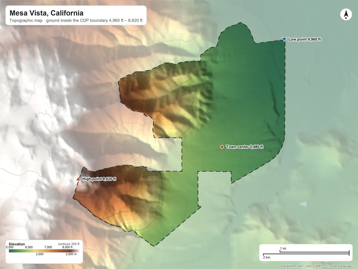 Topographic elevation map of Mesa Vista, California, shaded from 4,960 ft on the northeast side to 8,620 ft on the west edge, below higher ground just outside