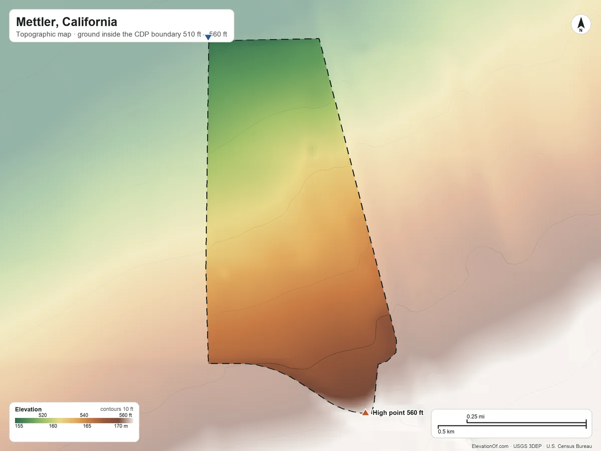 Topographic elevation map of Mettler, California, shaded from 510 ft on the northwest side to 560 ft on the south side