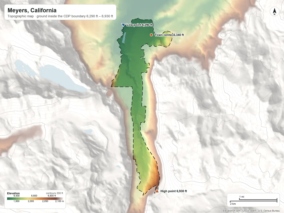 Topographic elevation map of Meyers, California, shaded from 6,290 ft on the west side to 6,930 ft at the foot of the Crystal Range
