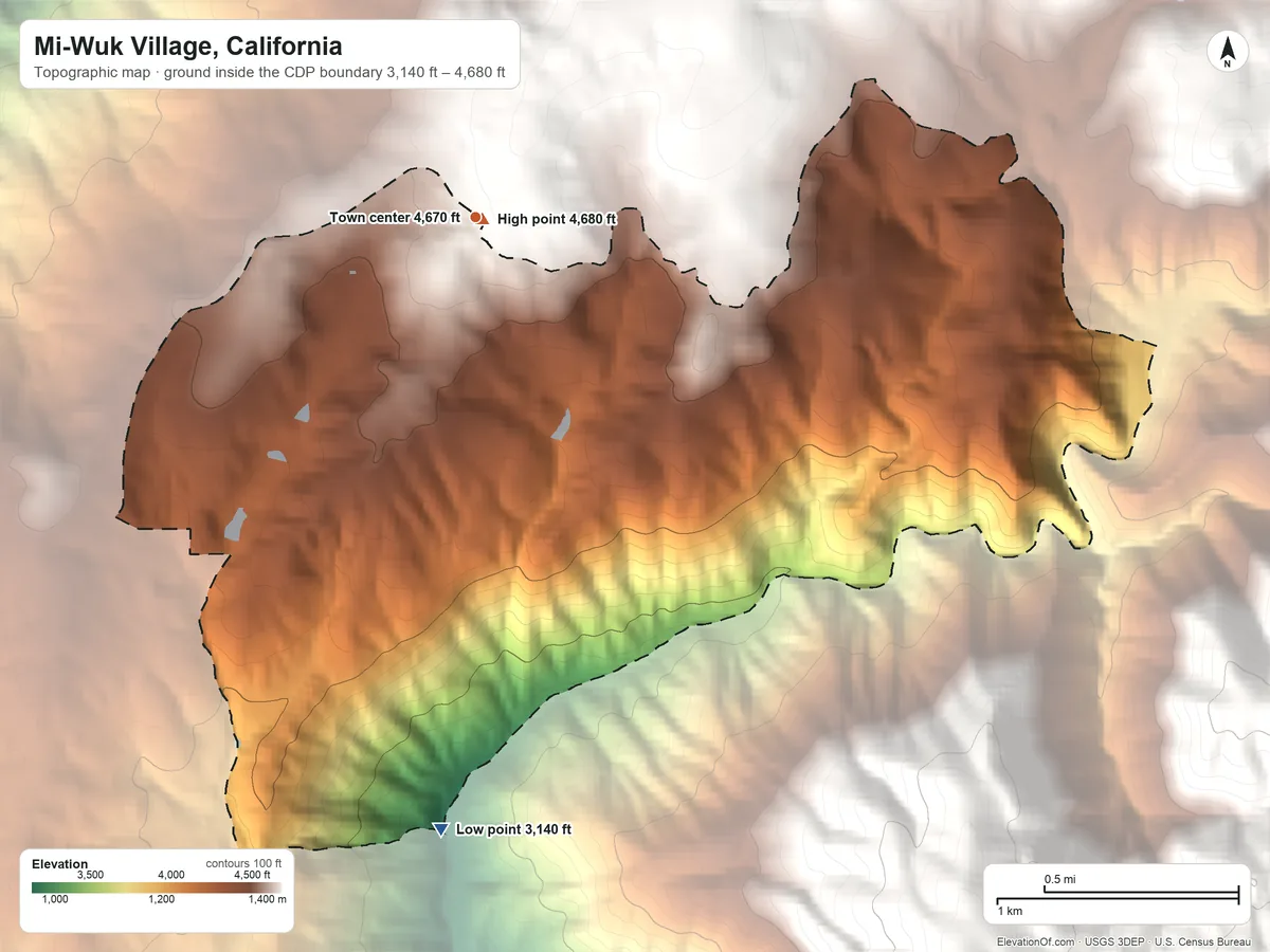 Topographic elevation map of Mi-Wuk Village, California, shaded from 3,140 ft on the south side to 4,680 ft on the east edge, below higher ground just outside