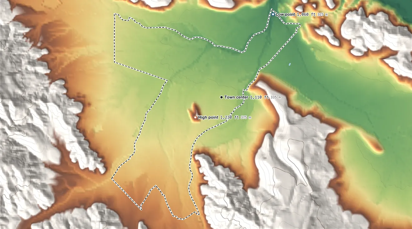 Topographic elevation map of Middletown, California, shaded from 1,060 ft on the northeast side to 1,230 ft at the foot of the Mayacmas Mountains