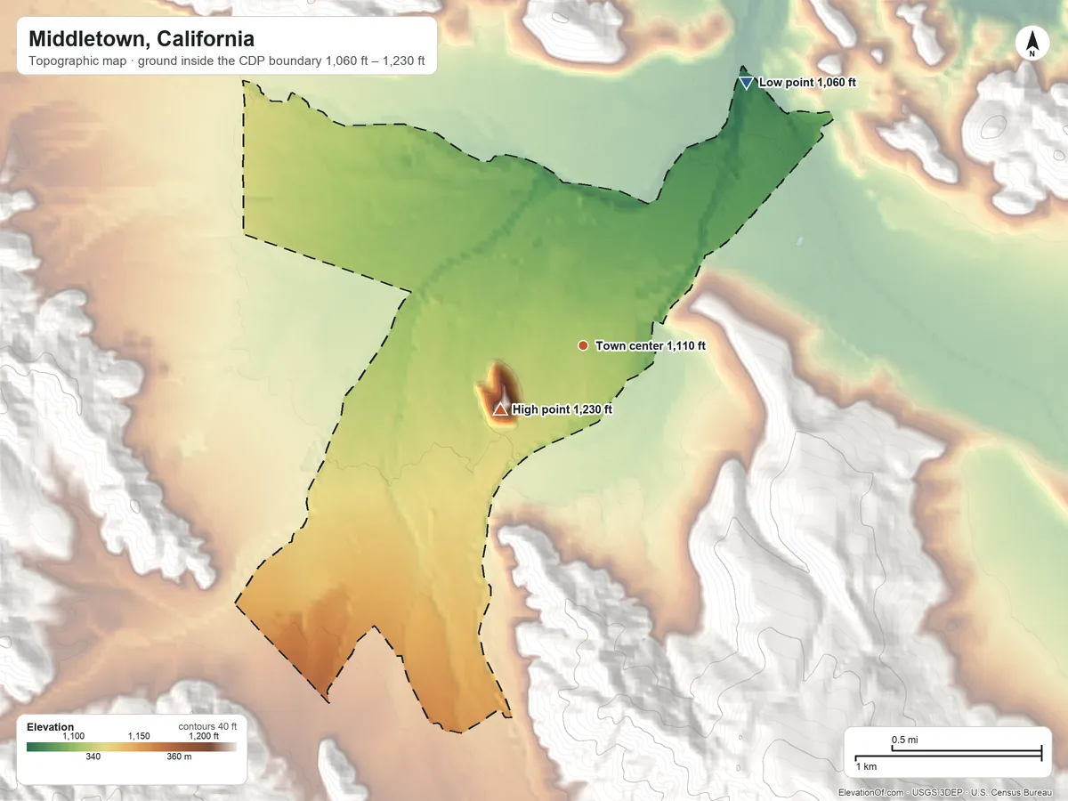 Topographic elevation map of Middletown, California, shaded from 1,060 ft on the northeast side to 1,230 ft at the foot of the Mayacmas Mountains