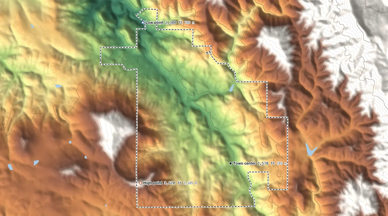 Topographic elevation map of Midpines, California, shaded from 2,300 ft on the northwest side to 3,620 ft on the west side