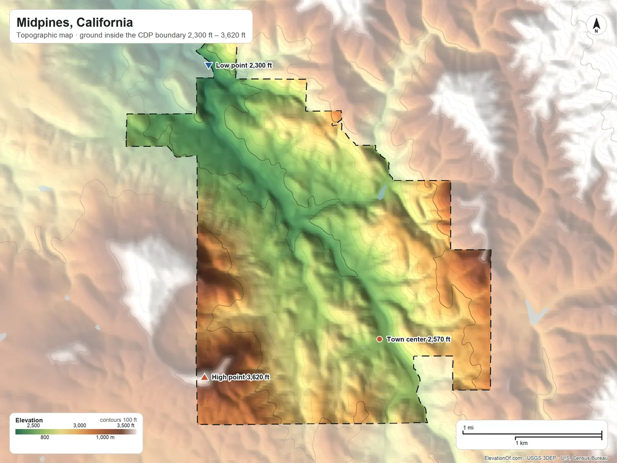 Topographic elevation map of Midpines, California, shaded from 2,300 ft on the northwest side to 3,620 ft on the west side
