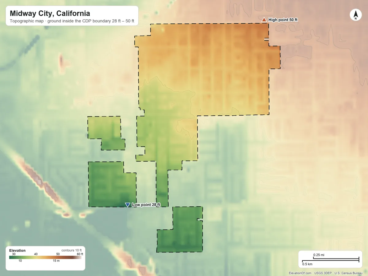 Topographic elevation map of Midway City, California, shaded from 28 ft on the southwest side to 50 ft on the northeast side