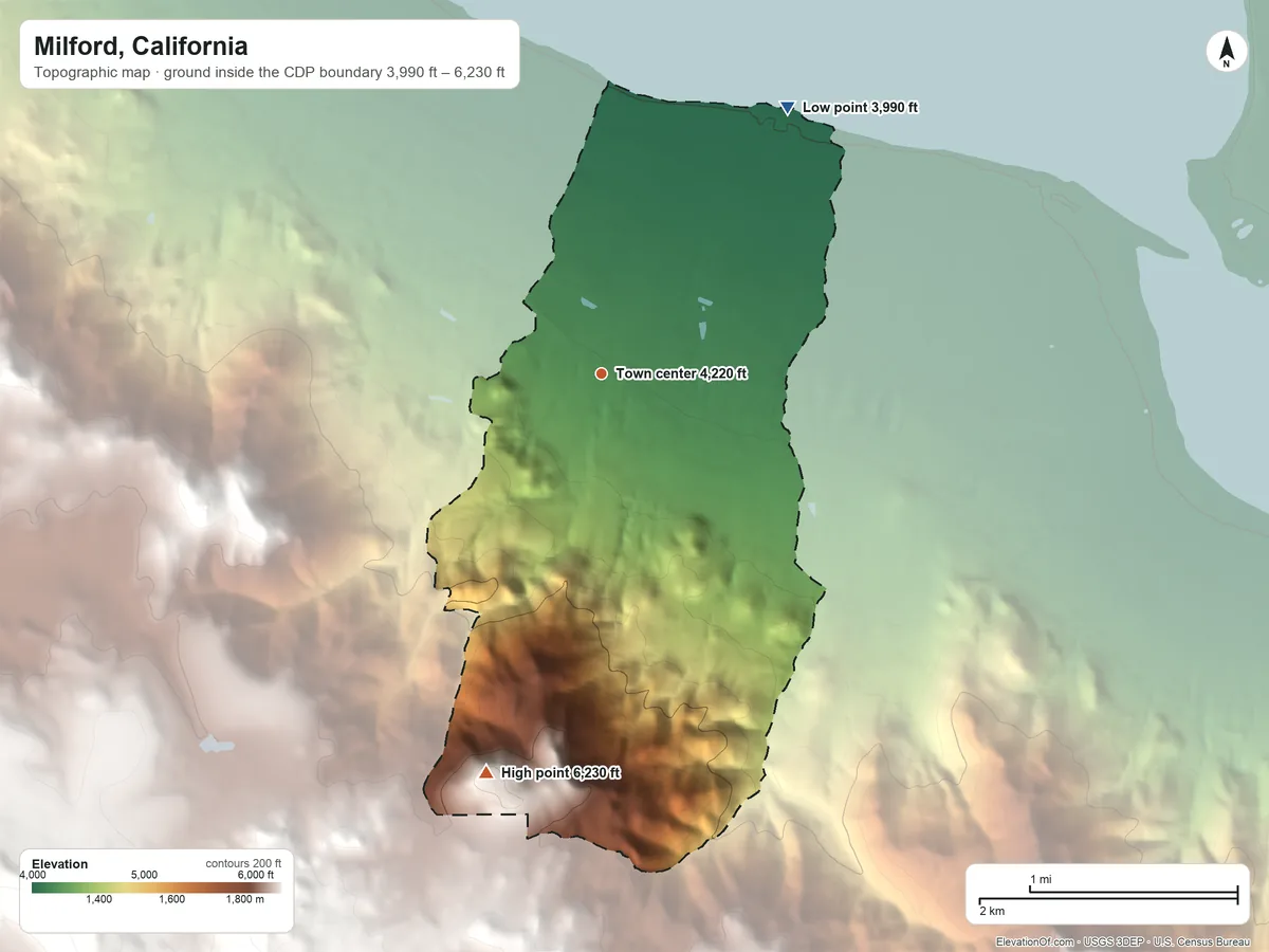 Topographic elevation map of Milford, California, shaded from 3,990 ft on the northeast side to 6,230 ft on the south side