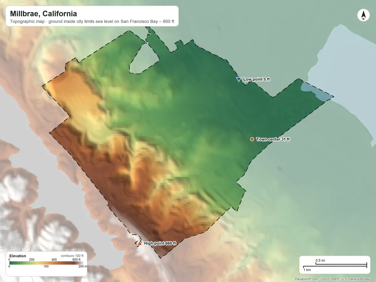Topographic elevation map of Millbrae, California, shaded from sea level level on San Francisco Bay to 660 ft at the foot of the San Miguel Hills