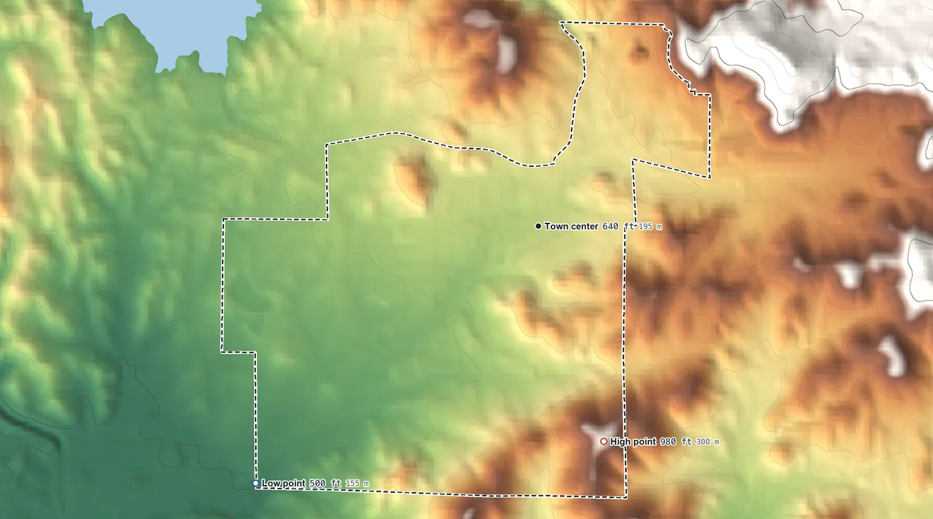 Topographic elevation map of Millerton, California, shaded from 500 ft on the southwest side to 980 ft on the south side