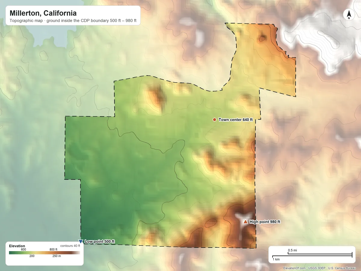 Topographic elevation map of Millerton, California, shaded from 500 ft on the southwest side to 980 ft on the south side