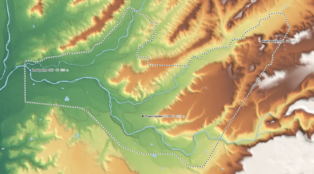 Topographic elevation map of Millville, California, shaded from 440 ft on the west side to 800 ft on the northeast side