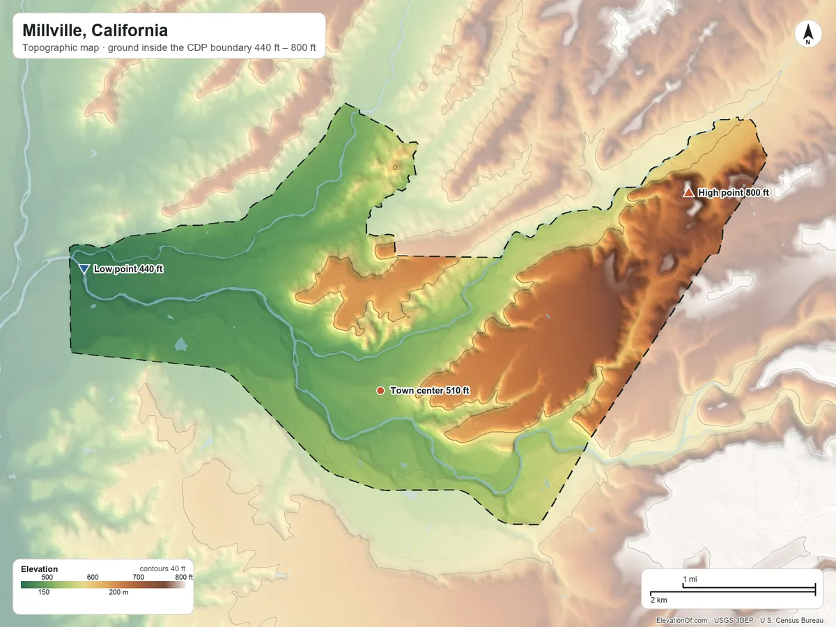 Topographic elevation map of Millville, California, shaded from 440 ft on the west side to 800 ft on the northeast side