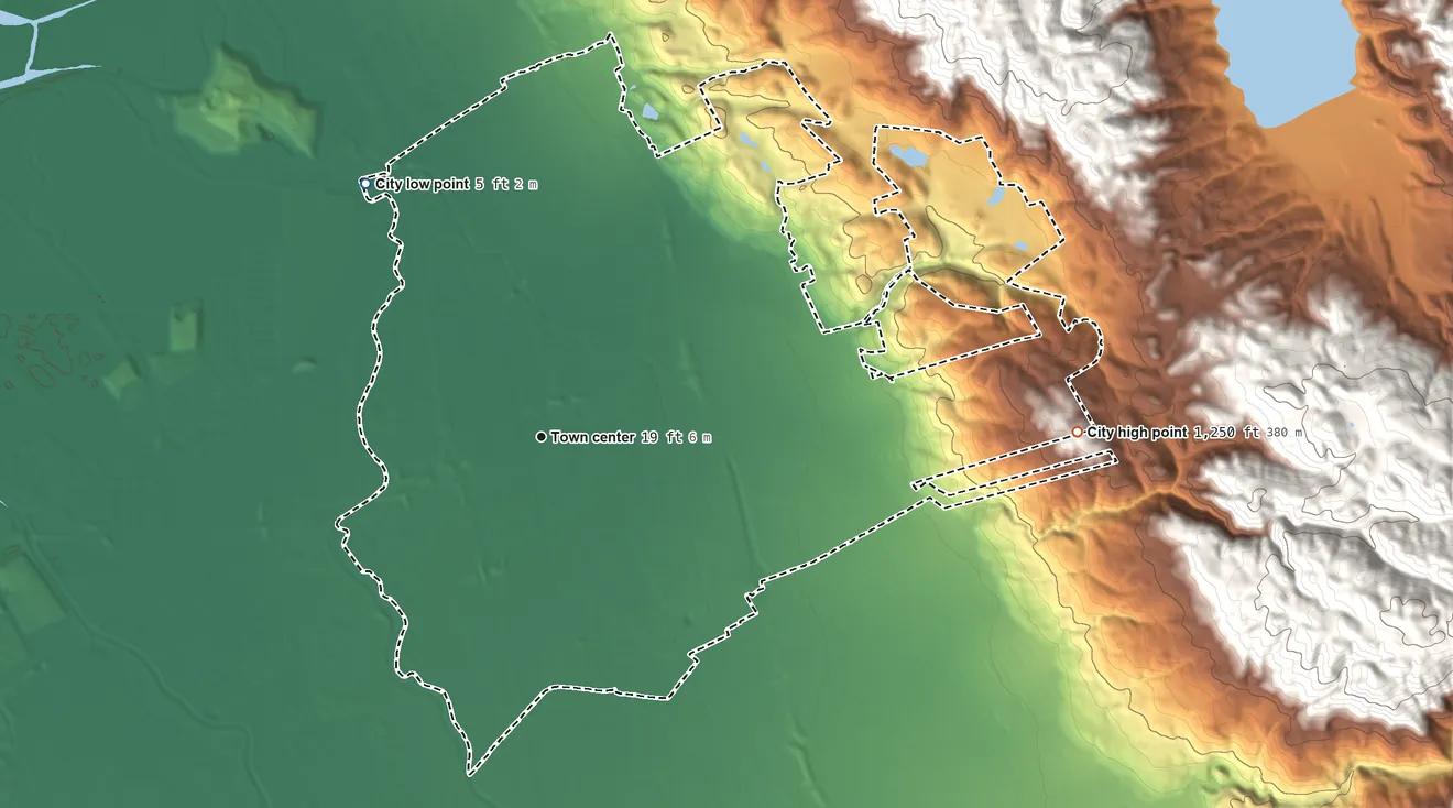 Topographic elevation map of Milpitas, California, shaded from 5 ft on the northwest side to 1,250 ft at the foot of the Los Buellis Hills