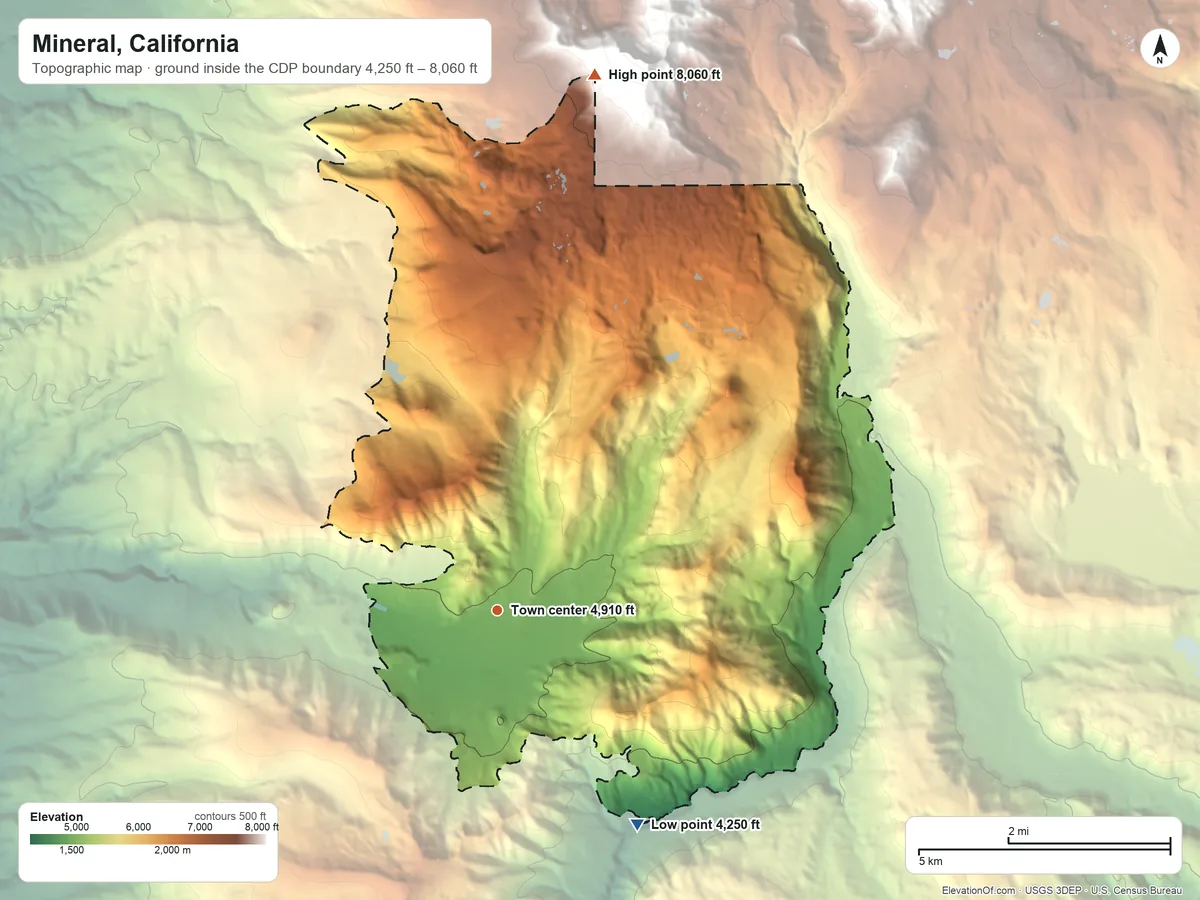 Topographic elevation map of Mineral, California, shaded from 4,250 ft on the southeast side to 8,060 ft on the north edge, below higher ground just outside