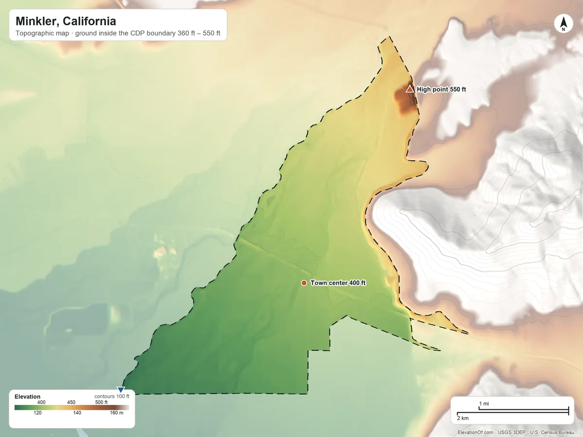 Topographic elevation map of Minkler, California, shaded from 360 ft on the southwest side to 550 ft on the northeast edge, below higher ground just outside