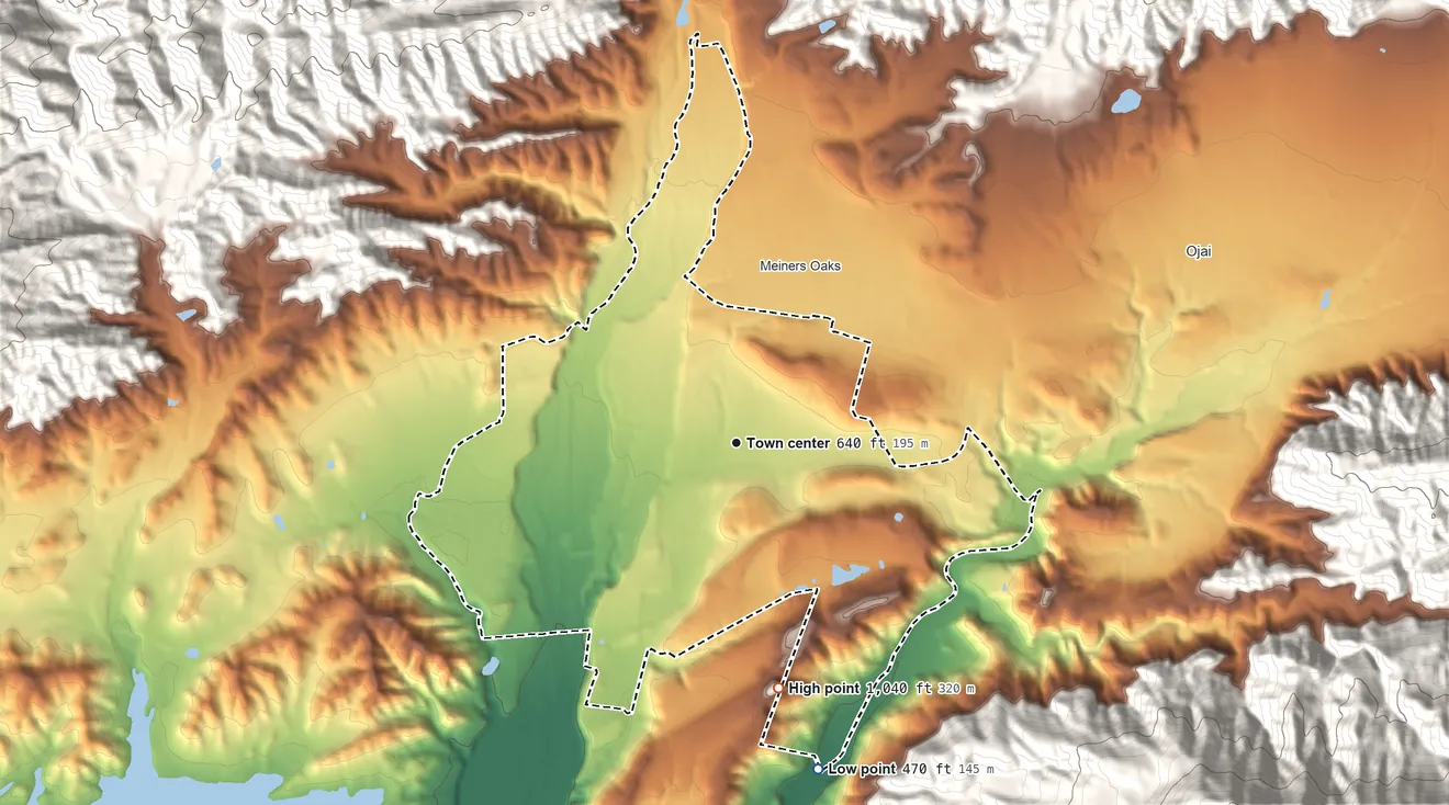 Topographic elevation map of Mira Monte, California, shaded from 470 ft on the south side to 1,040 ft at the foot of the Santa Ynez Mountains