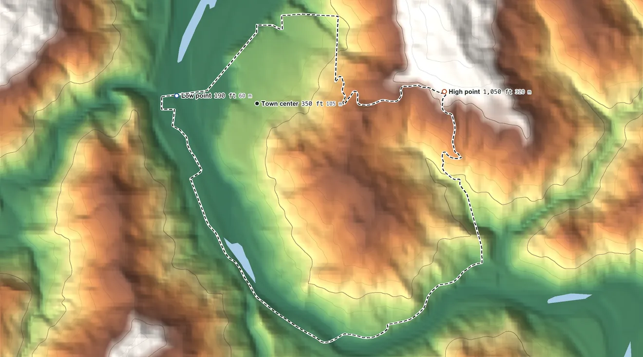 Topographic elevation map of Miranda, California, shaded from 190 ft on the west side to 1,050 ft at the foot of the Chalk Mountains