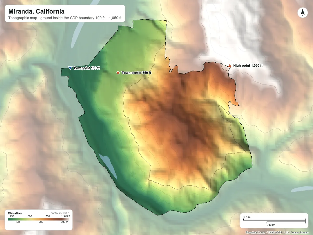 Topographic elevation map of Miranda, California, shaded from 190 ft on the west side to 1,050 ft at the foot of the Chalk Mountains