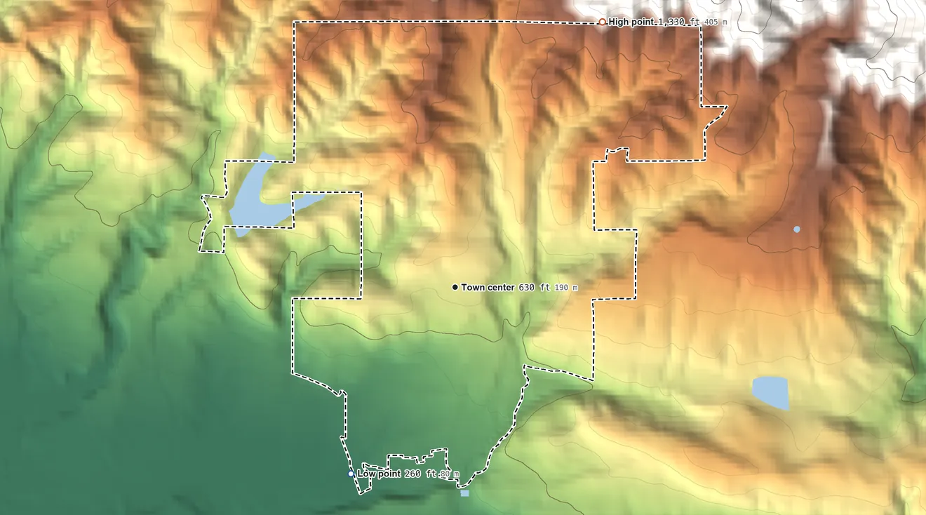 Topographic elevation map of Mission Canyon, California, shaded from 260 ft on the southwest side to 1,330 ft on the northeast edge, below higher ground just outside