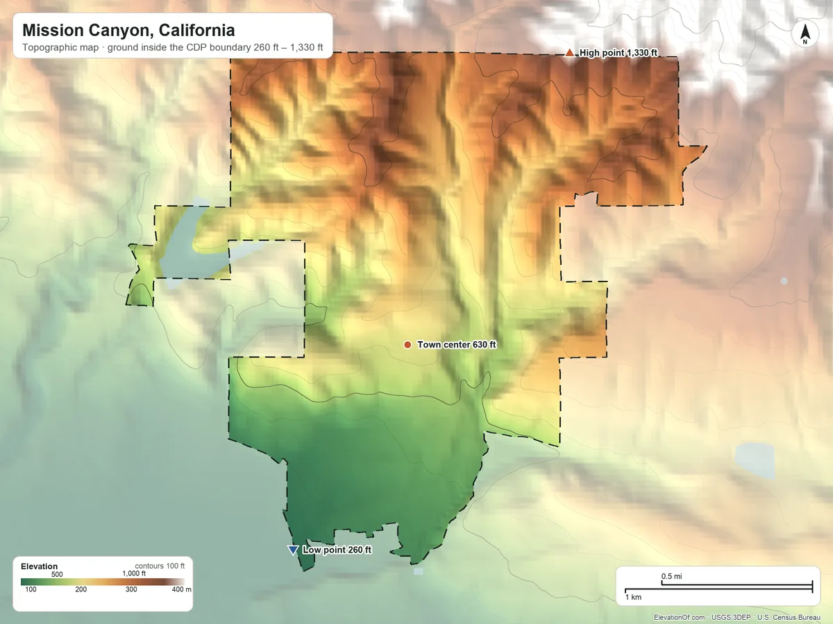Topographic elevation map of Mission Canyon, California, shaded from 260 ft on the southwest side to 1,330 ft on the northeast edge, below higher ground just outside