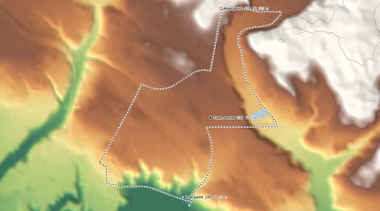 Topographic elevation map of Mission Hills, California, shaded from 100 ft on the south side to 410 ft at the foot of the White Hills