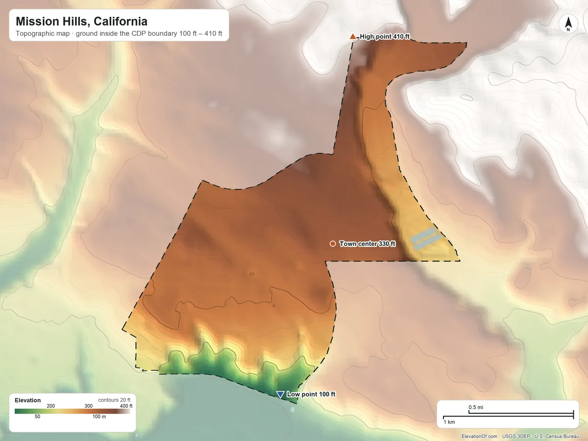 Topographic elevation map of Mission Hills, California, shaded from 100 ft on the south side to 410 ft at the foot of the White Hills