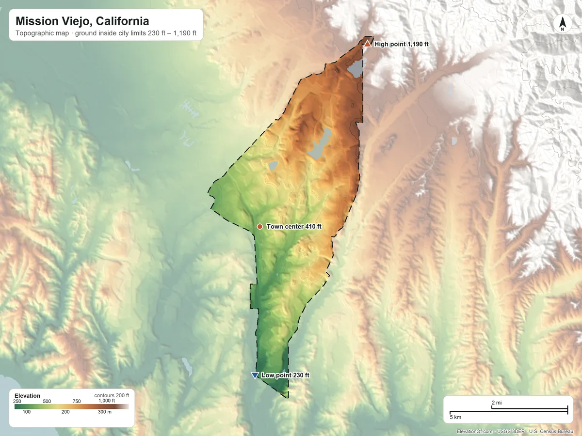 Topographic elevation map of Mission Viejo, California, shaded from 230 ft on the south side to 1,190 ft at the foot of the Santa Ana Mountains