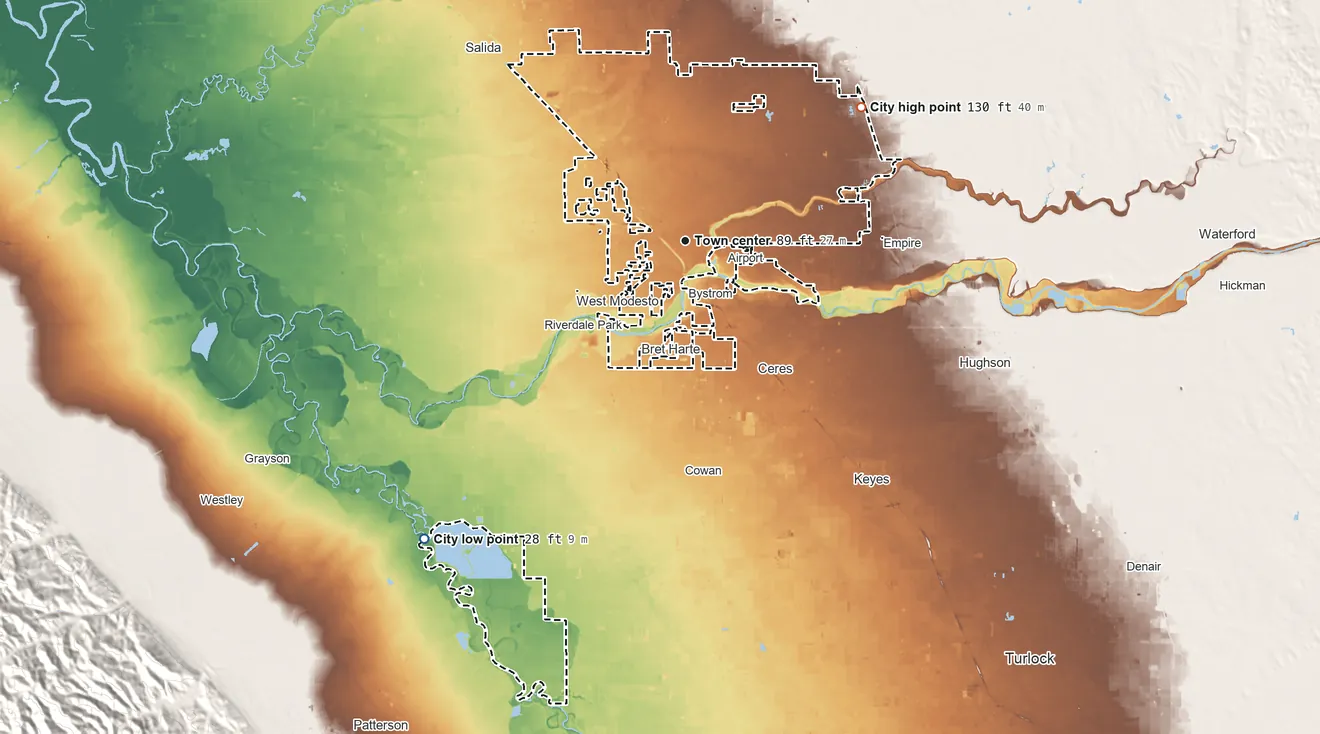 Topographic elevation map of Modesto, California, shaded from 28 ft on the southwest side to 130 ft on the northeast side