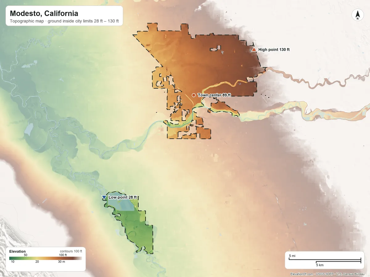 Topographic elevation map of Modesto, California, shaded from 28 ft on the southwest side to 130 ft on the northeast side