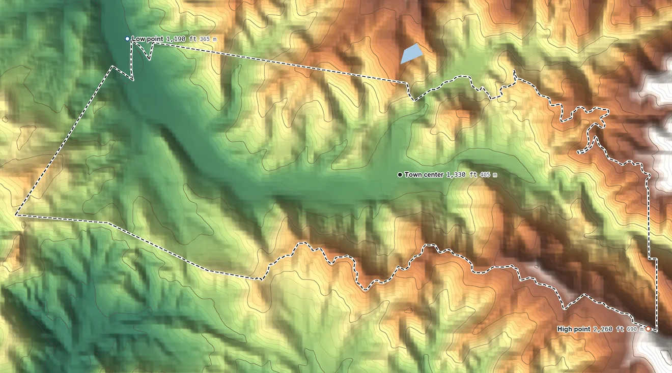 Topographic elevation map of Modjeska, California, shaded from 1,190 ft on the northwest side to 2,260 ft at the foot of the Santa Ana Mountains