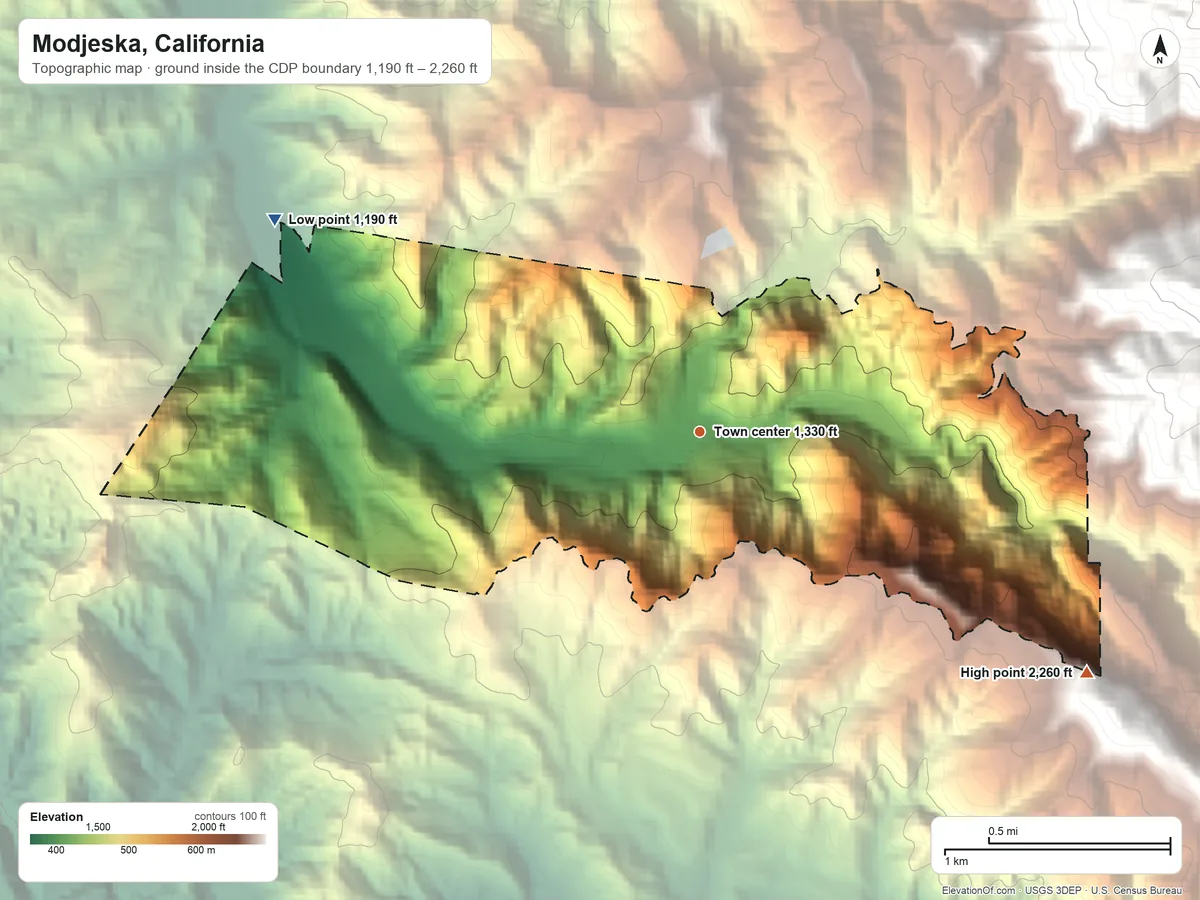 Topographic elevation map of Modjeska, California, shaded from 1,190 ft on the northwest side to 2,260 ft at the foot of the Santa Ana Mountains