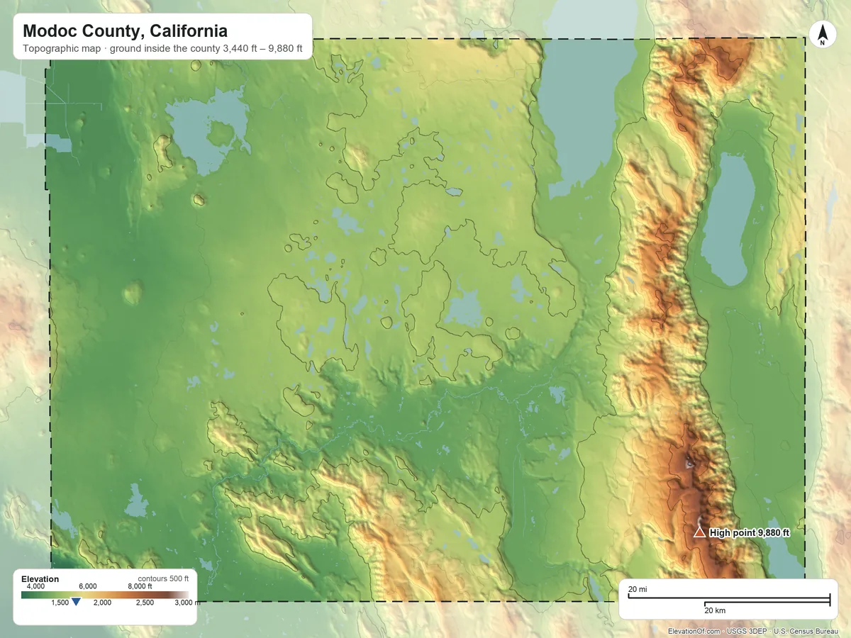 Topographic elevation map of Modoc County, California, shaded from 3,440 ft on the southwest side to 9,880 ft on Eagle Peak