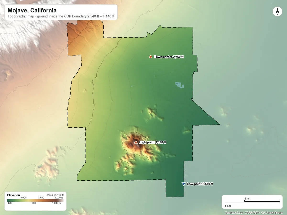 Topographic elevation map of Mojave, California, shaded from 2,540 ft on the south side to 4,140 ft on Soledad Mountain