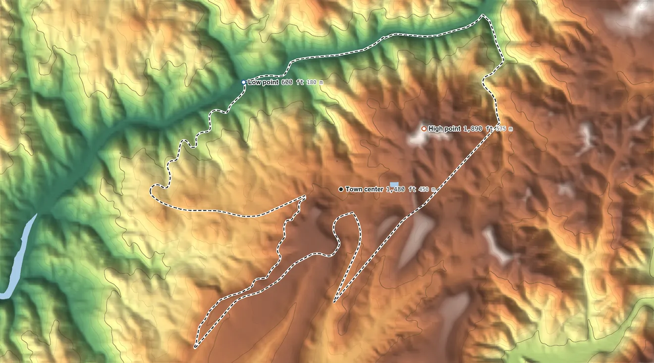 Topographic elevation map of Mokelumne Hill, California, shaded from 600 ft on the northwest side to 1,890 ft on French Hill