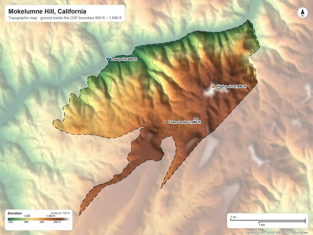 Topographic elevation map of Mokelumne Hill, California, shaded from 600 ft on the northwest side to 1,890 ft on French Hill