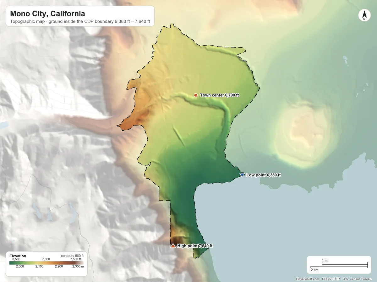 Topographic elevation map of Mono City, California, shaded from 6,380 ft on the southeast side to 7,640 ft on the south edge, below higher ground just outside