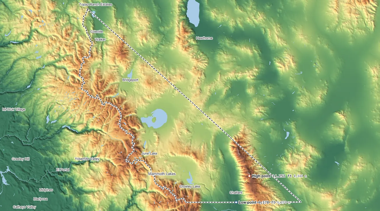 Topographic elevation map of Mono County, California, shaded from 4,170 ft on the southeast side to 14,252 ft on White Mountain Peak