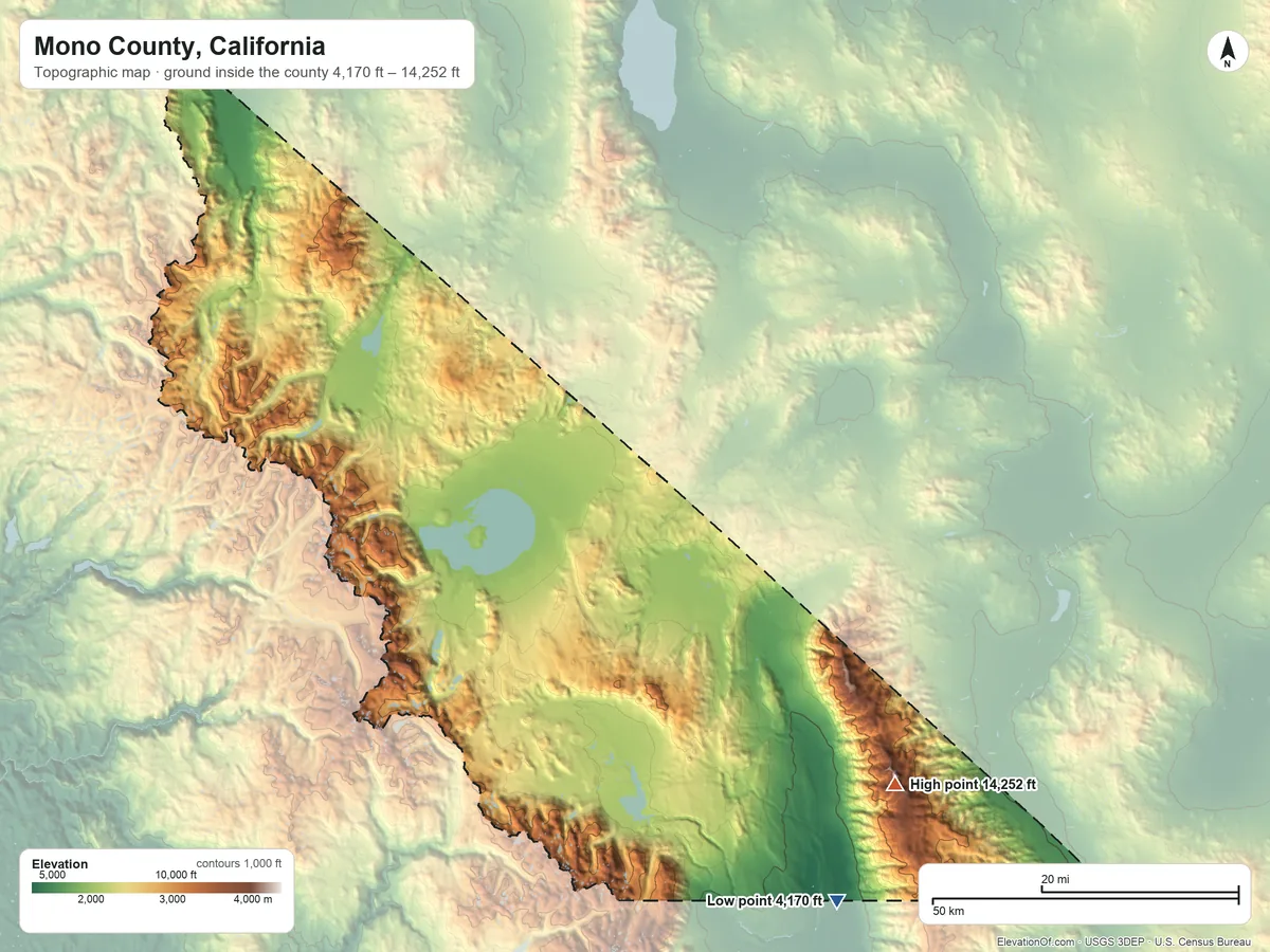 Topographic elevation map of Mono County, California, shaded from 4,170 ft on the southeast side to 14,252 ft on White Mountain Peak