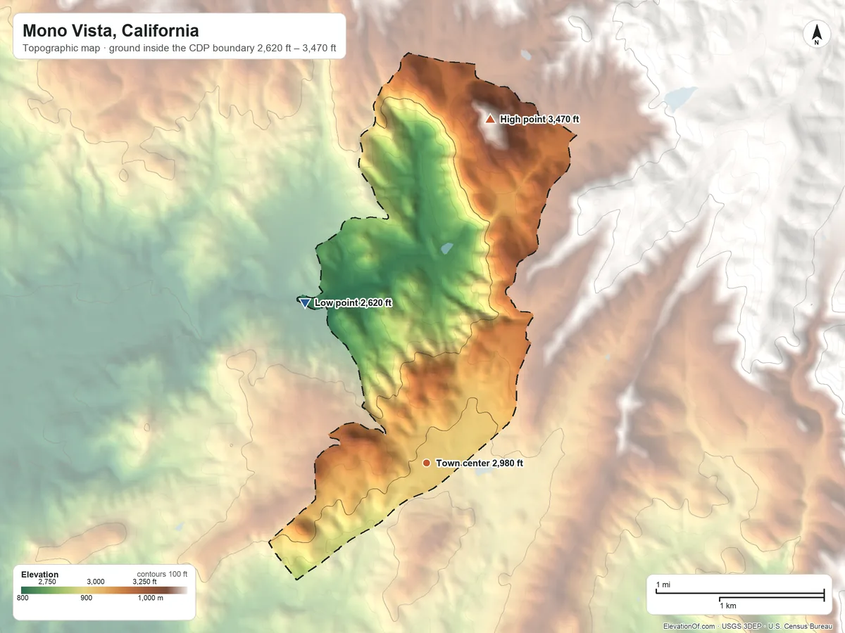 Topographic elevation map of Mono Vista, California, shaded from 2,620 ft on the northwest side to 3,470 ft at the foot of the Red Hills