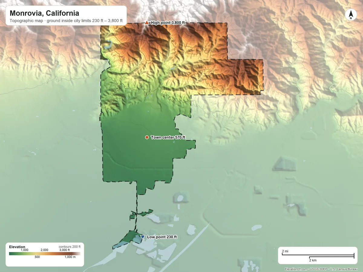 Topographic elevation map of Monrovia, California, shaded from 230 ft on the south side to 3,800 ft at the foot of the Transverse Ranges