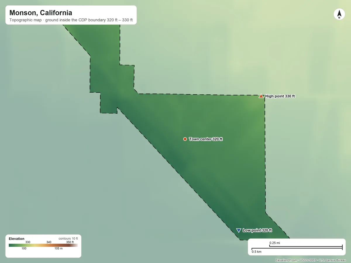 Topographic elevation map of Monson, California, shaded from 320 ft on the southeast side to 330 ft on the northeast side