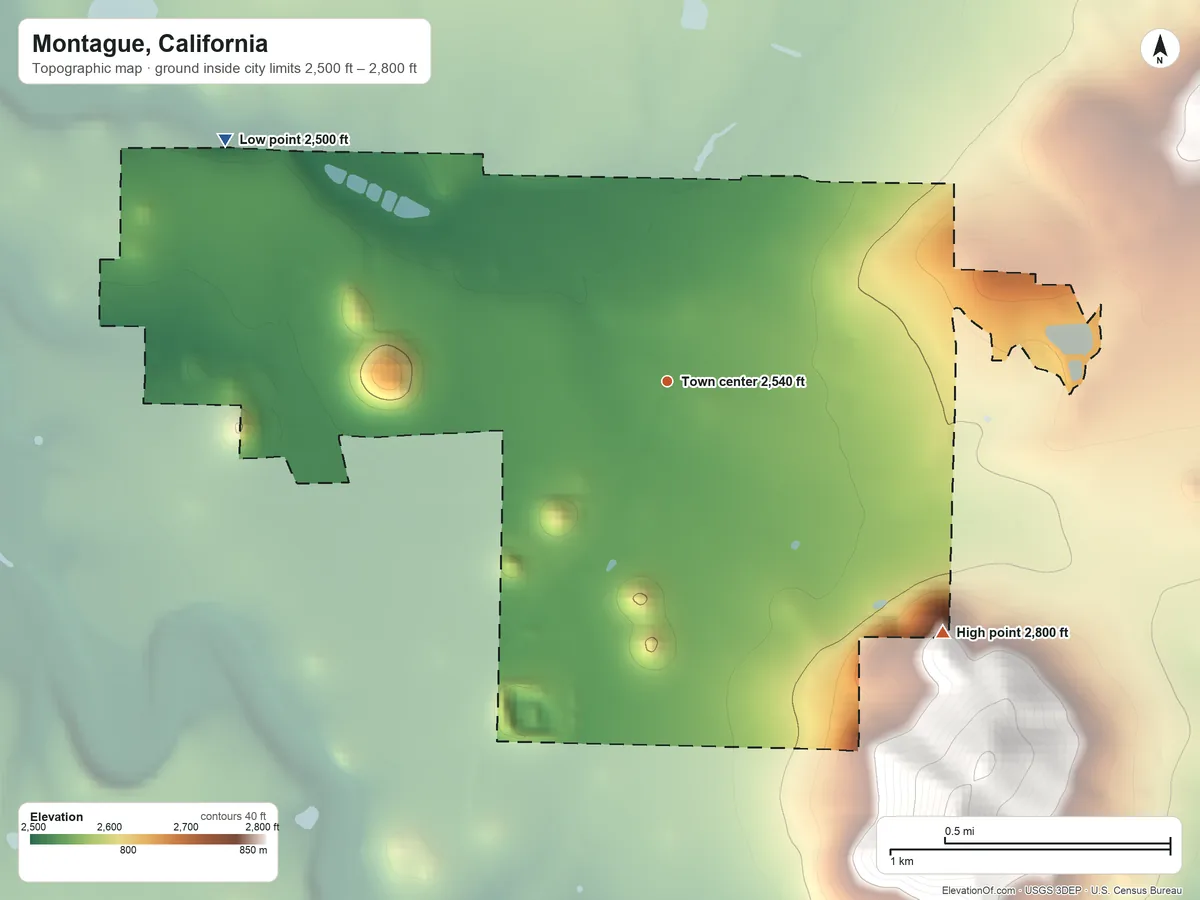Topographic elevation map of Montague, California, shaded from 2,500 ft on the northwest side to 2,800 ft at the foot of the Kilgore Hills