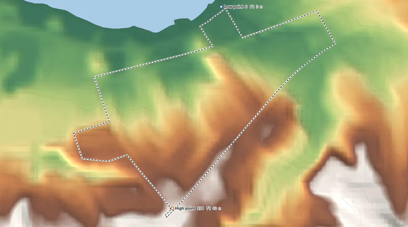 Topographic elevation map of Montalvin Manor, California, shaded from 6 ft on the northeast side to 130 ft on the south side