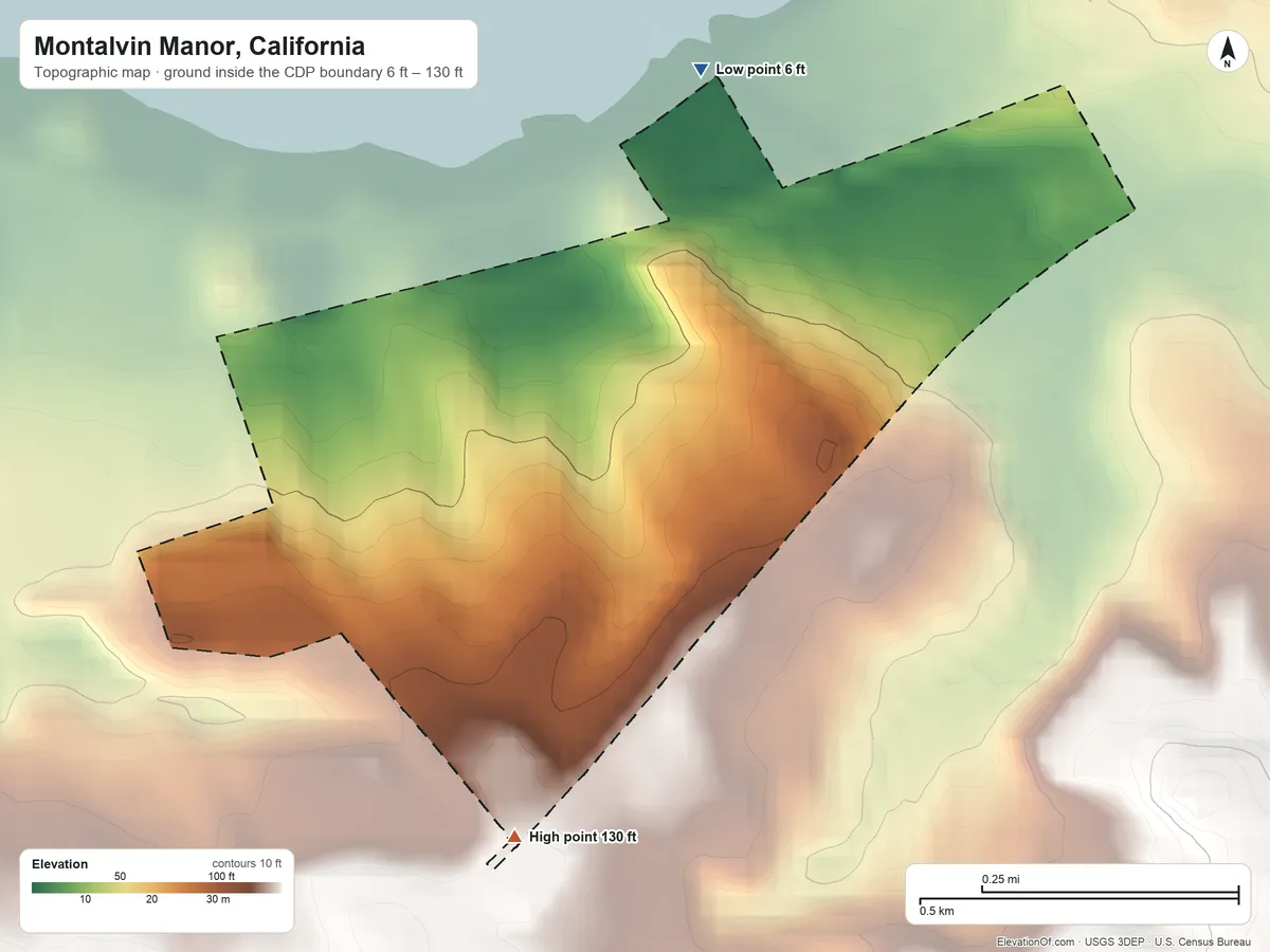 Topographic elevation map of Montalvin Manor, California, shaded from 6 ft on the northeast side to 130 ft on the south side