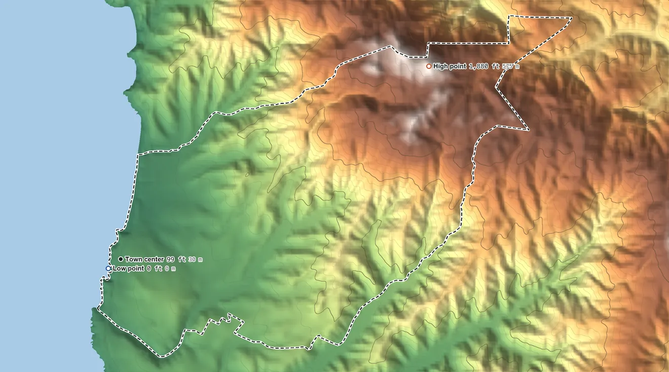 Topographic elevation map of Montara, California, shaded from sea level level on the Pacific Ocean to 1,880 ft on North Peak